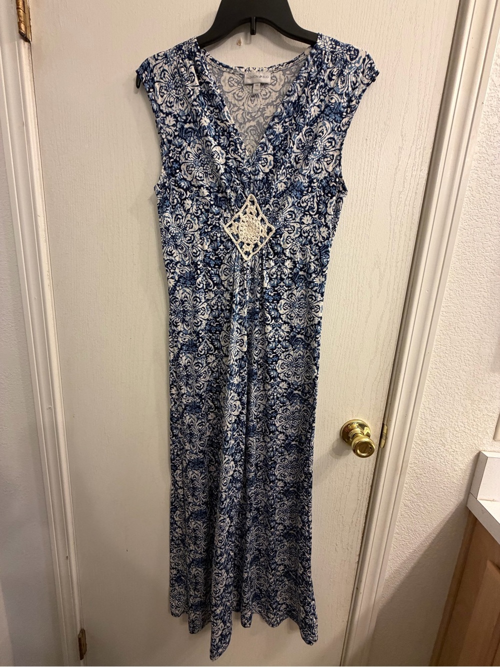 Fashion Bug Blue and White Floral V-Neck Maxi Dress with Crochet Accent